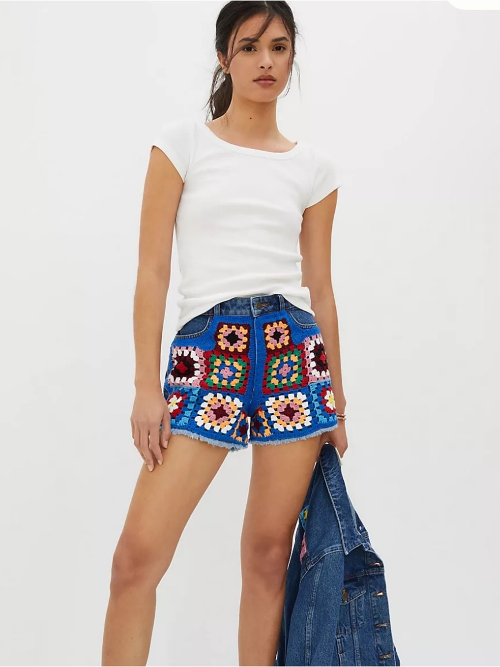 NEW Farm Rio Anthropologie Boho Granny Square Denim Jean Shorts Blue Festival 27